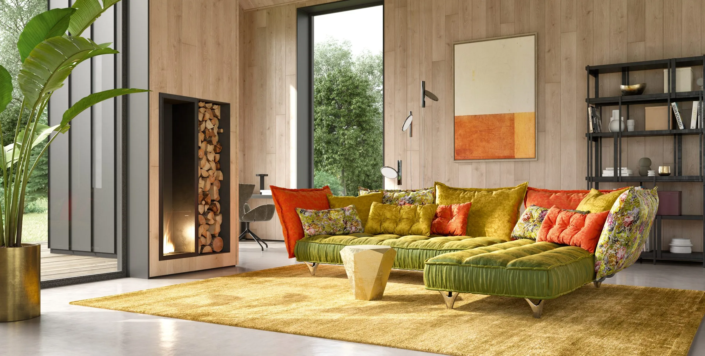 Ohlinda Sofa in Gelb und Grün vor einer Holzwand