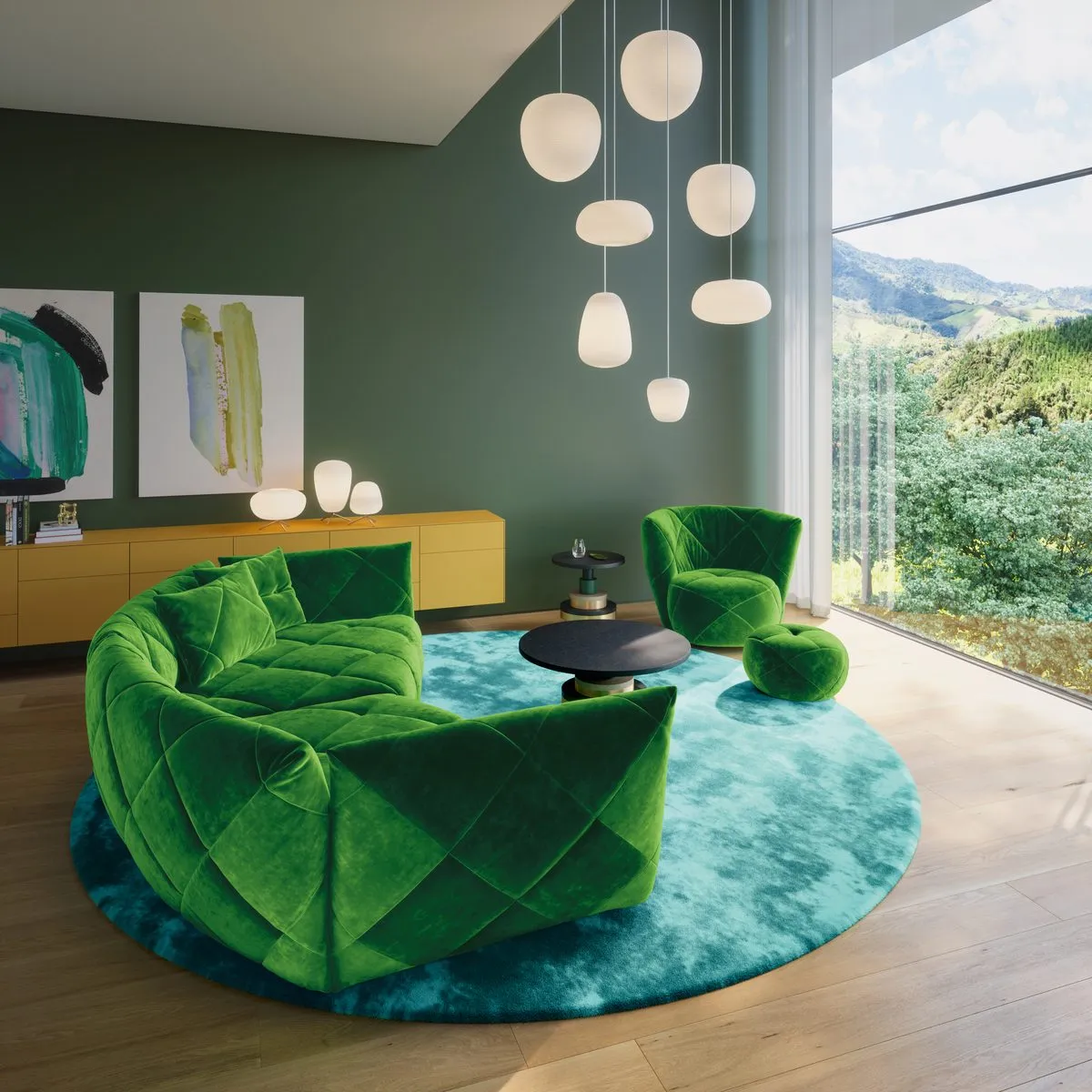 Grünes Teratai Sofa auf einem türkisen Teppich